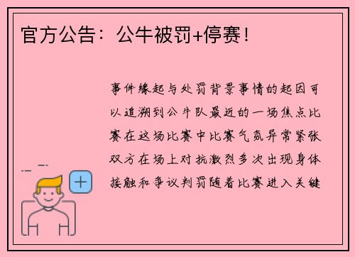官方公告：公牛被罚+停赛！
